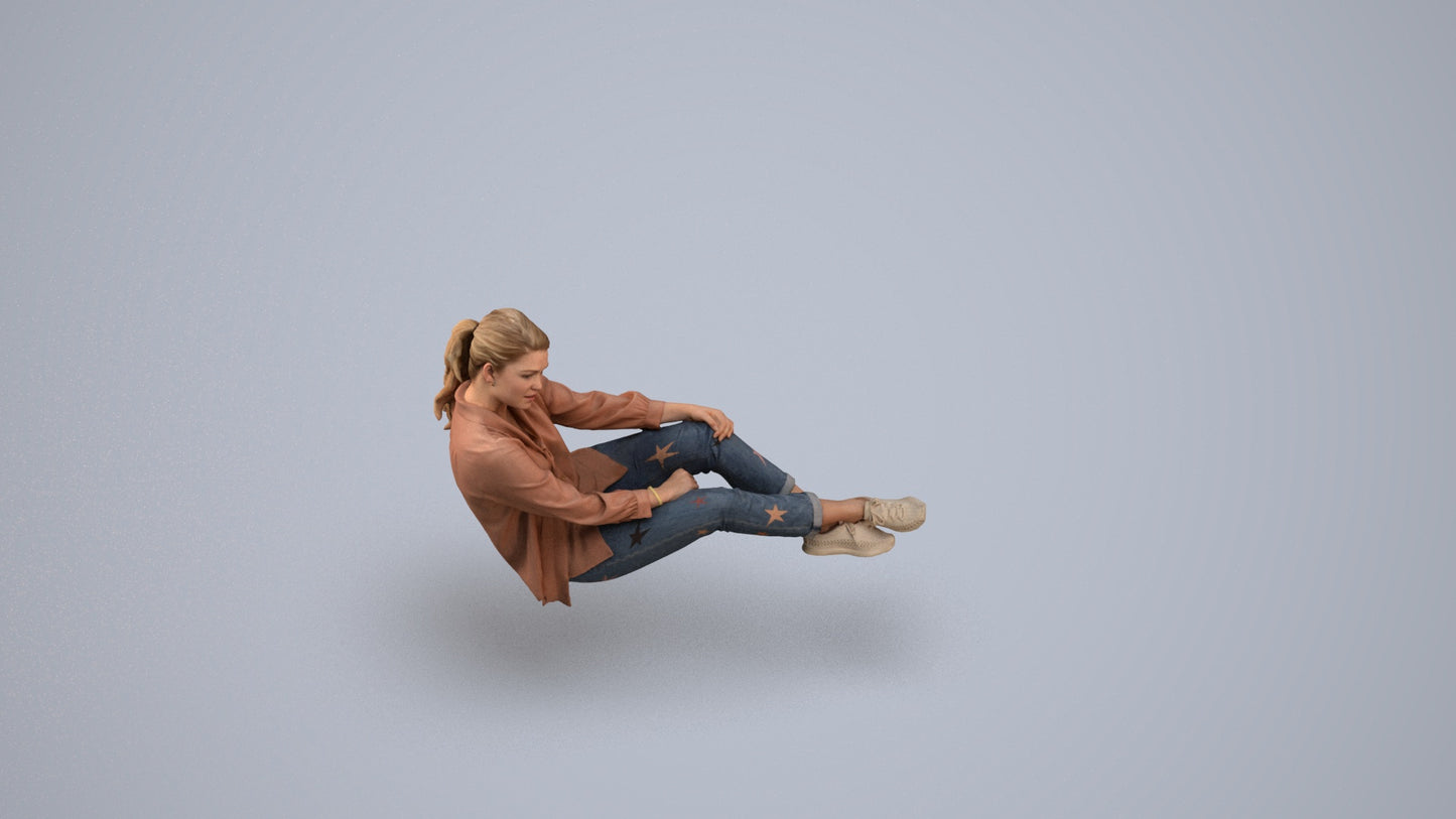 realistic 3D woman casual sitting, scanned archviz people for Blender and 3ds Max, back view render