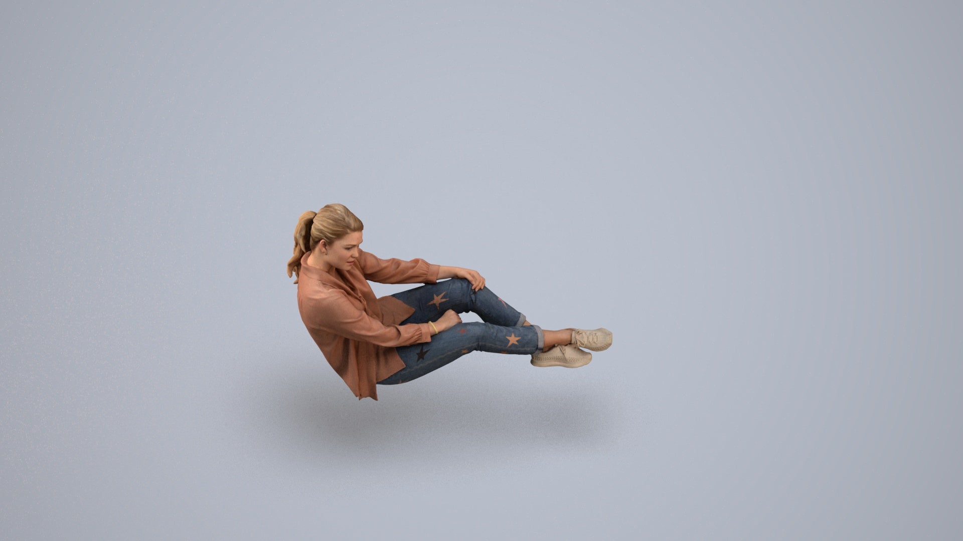 realistic 3D woman casual sitting, scanned archviz people for Blender and 3ds Max, back view render