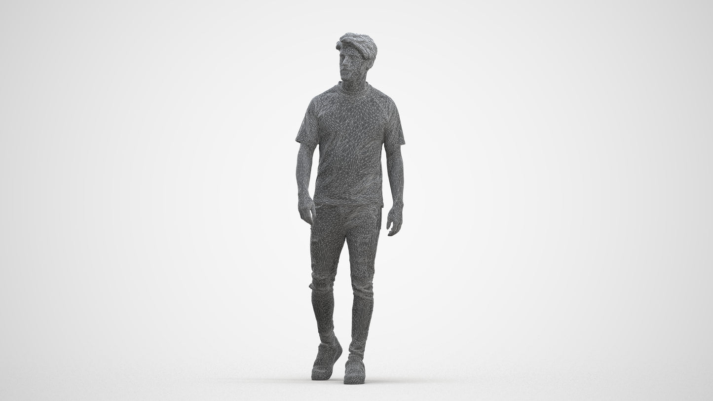 photogrammetry 3D man casual walking, realistic human model archviz FBX, three-quarter front view render
