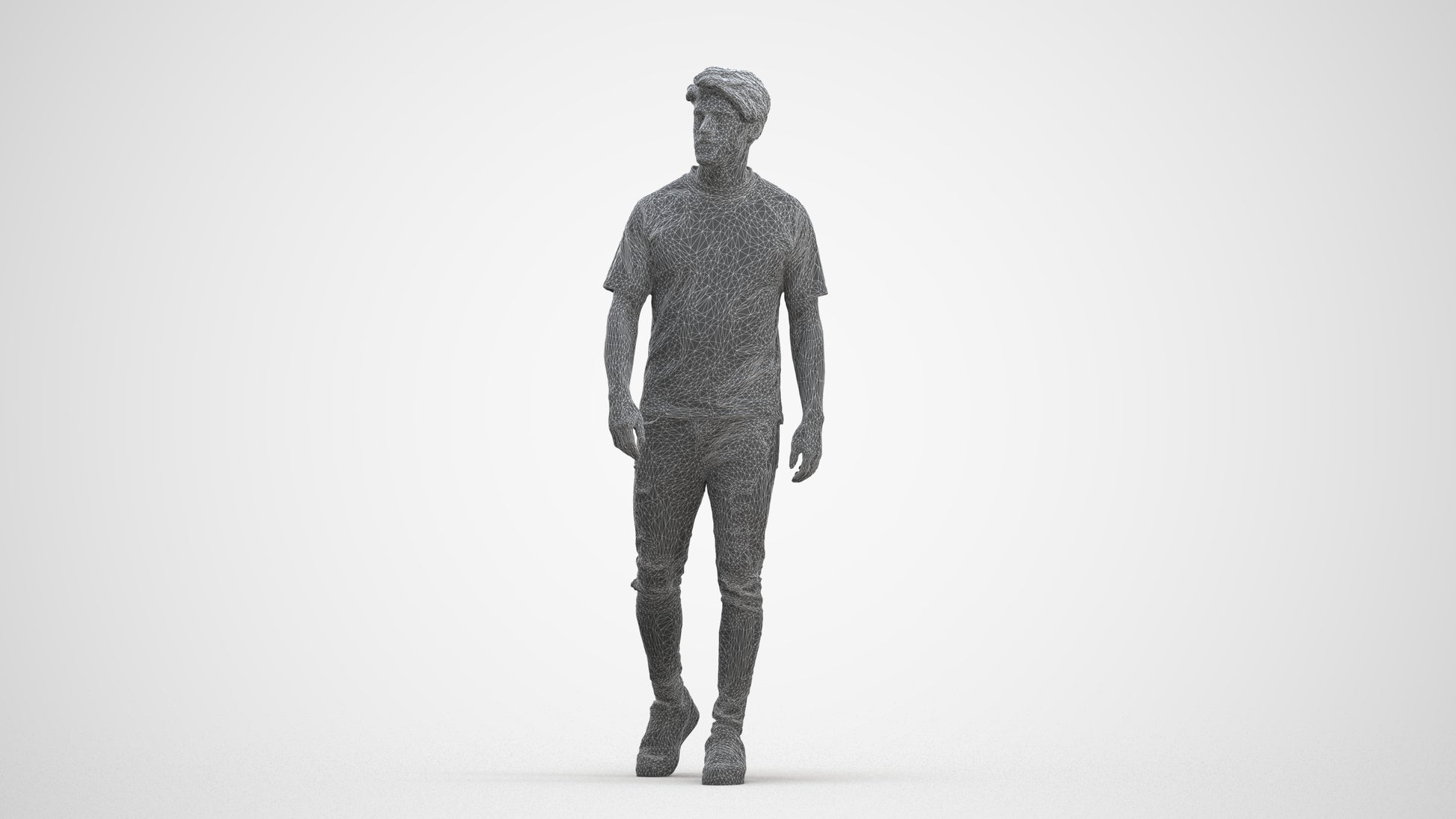 photogrammetry 3D man casual walking, realistic human model archviz FBX, three-quarter front view render