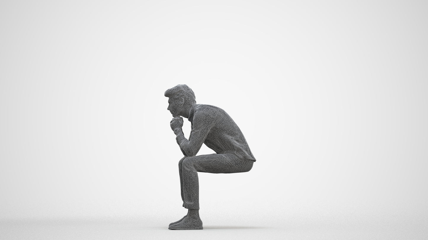 3D people model man casual sitting, scanned human for 3ds Max rendering, three-quarter front view render