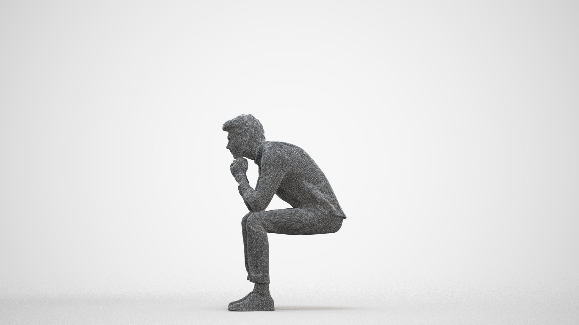 3D people model man casual sitting, scanned human for 3ds Max rendering, three-quarter front view render