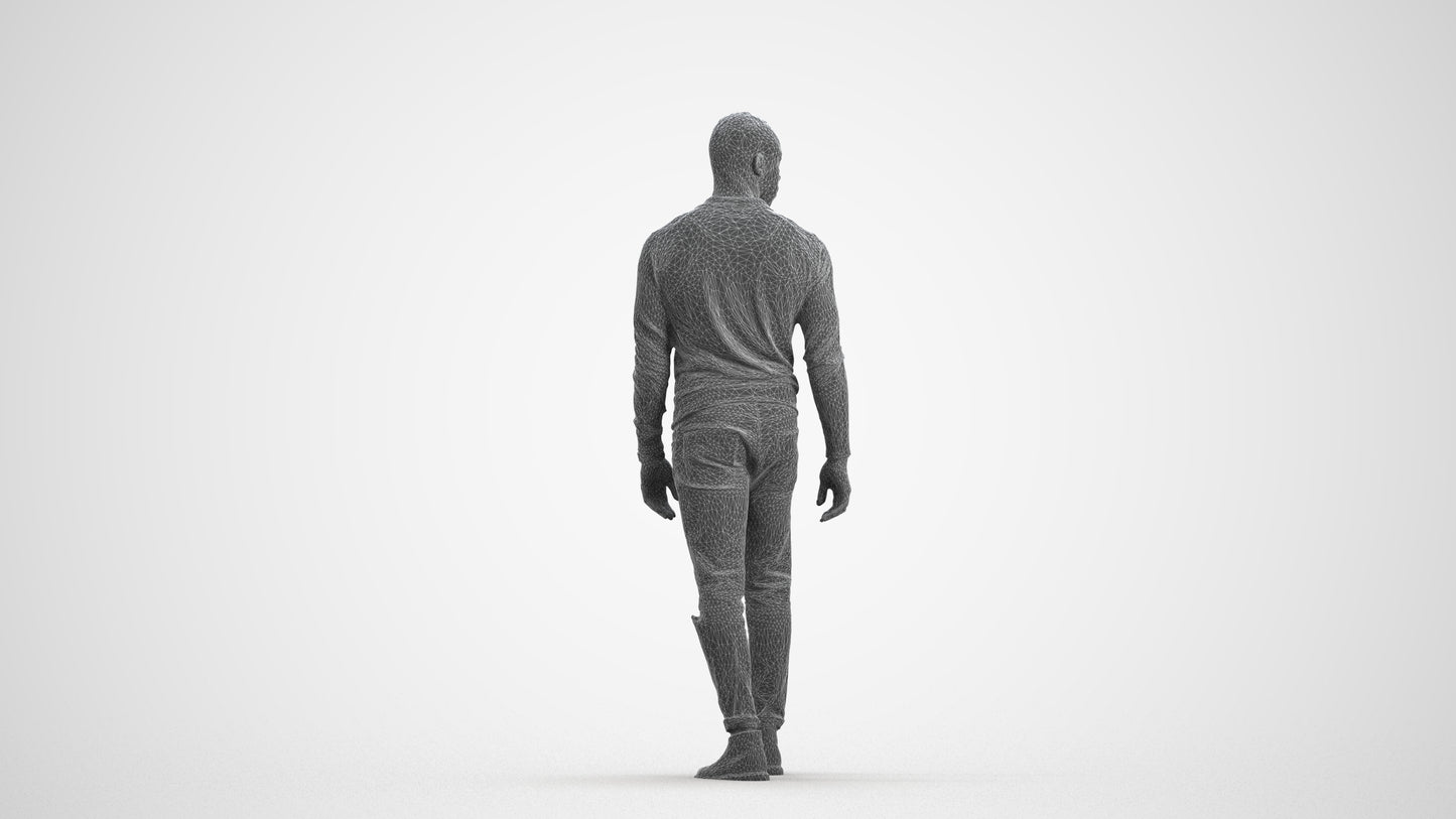 photogrammetry 3D man casual walking, realistic human model archviz FBX, wireframe front view