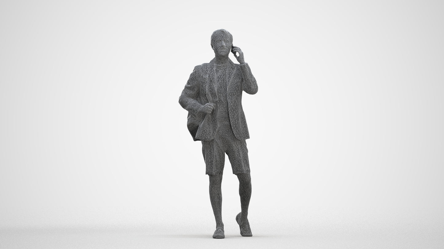 3D human model man business walking, photogrammetry scanned person for archviz, three-quarter front view render