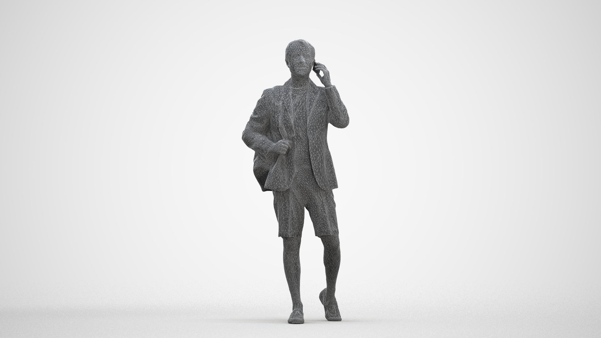 3D human model man business walking, photogrammetry scanned person for archviz, three-quarter front view render