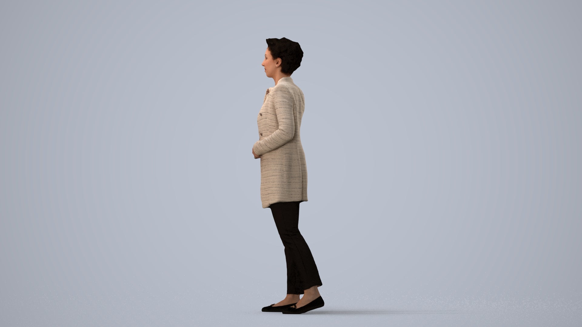 3D human model woman business, photogrammetry scanned person for archviz, three-quarter view render