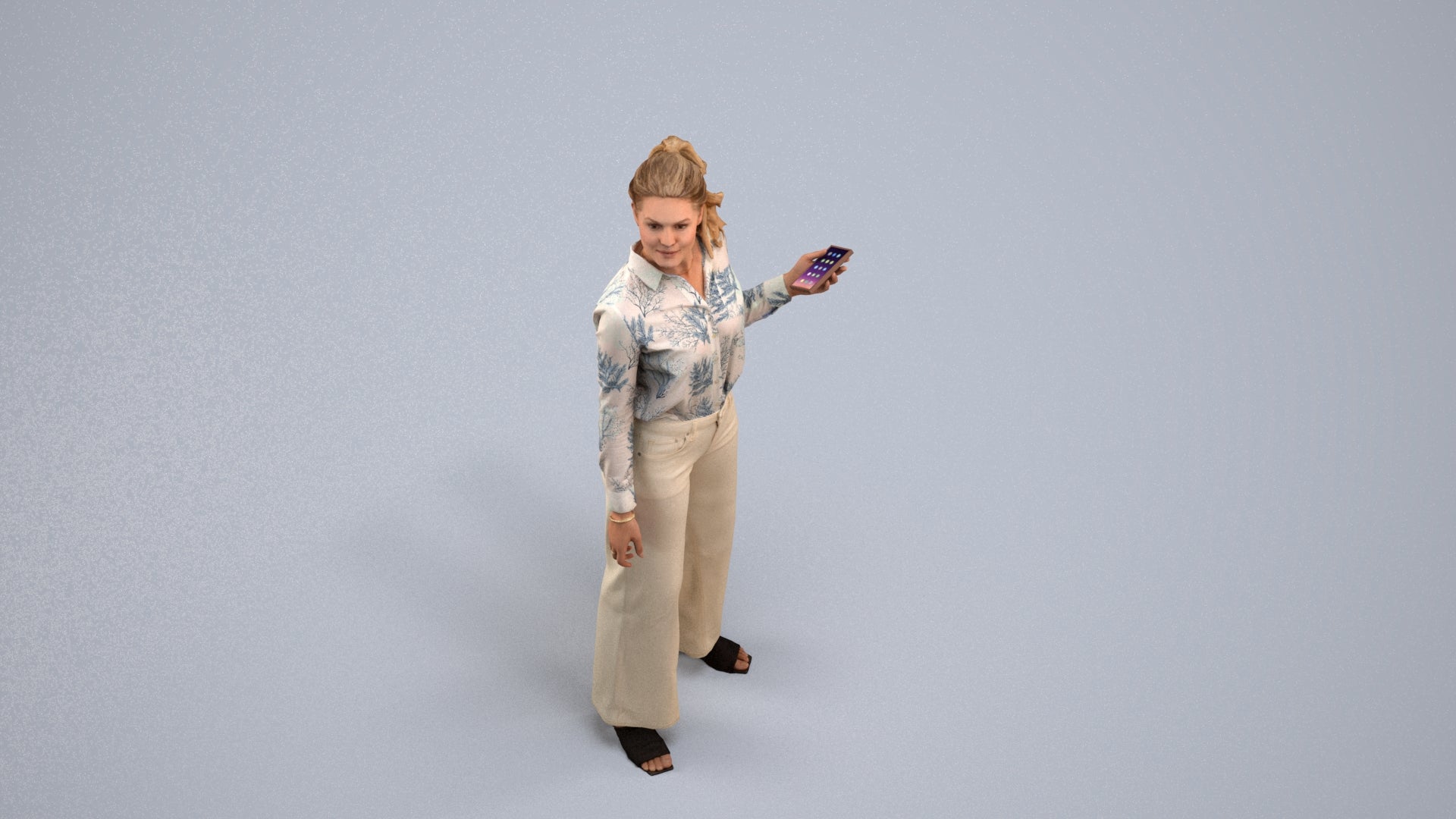 3D scanned woman standing casual, photorealistic archviz people for Enscape and SketchUp, back view render
