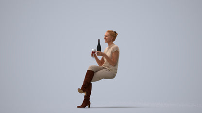 3D human model woman casual sitting, photogrammetry scanned person for archviz, three-quarter view render