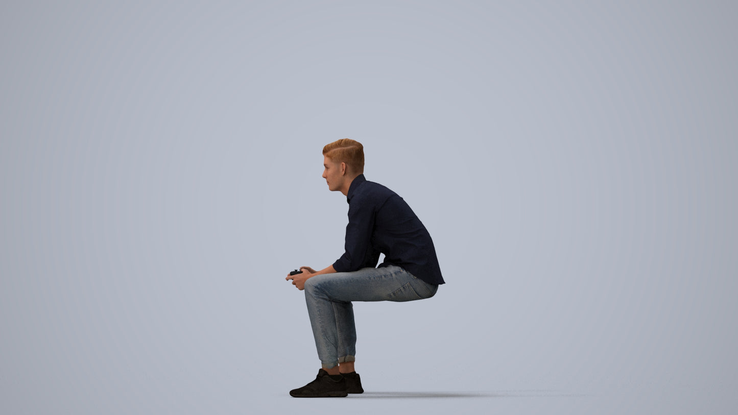 3D people model man casual sitting, scanned human for 3ds Max rendering, three-quarter view render