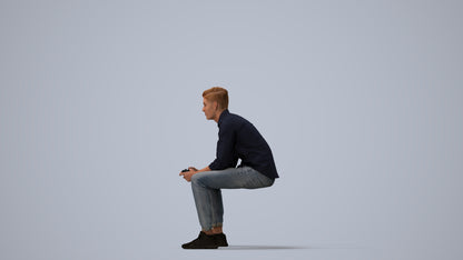 3D people model man casual sitting, scanned human for 3ds Max rendering, three-quarter view render