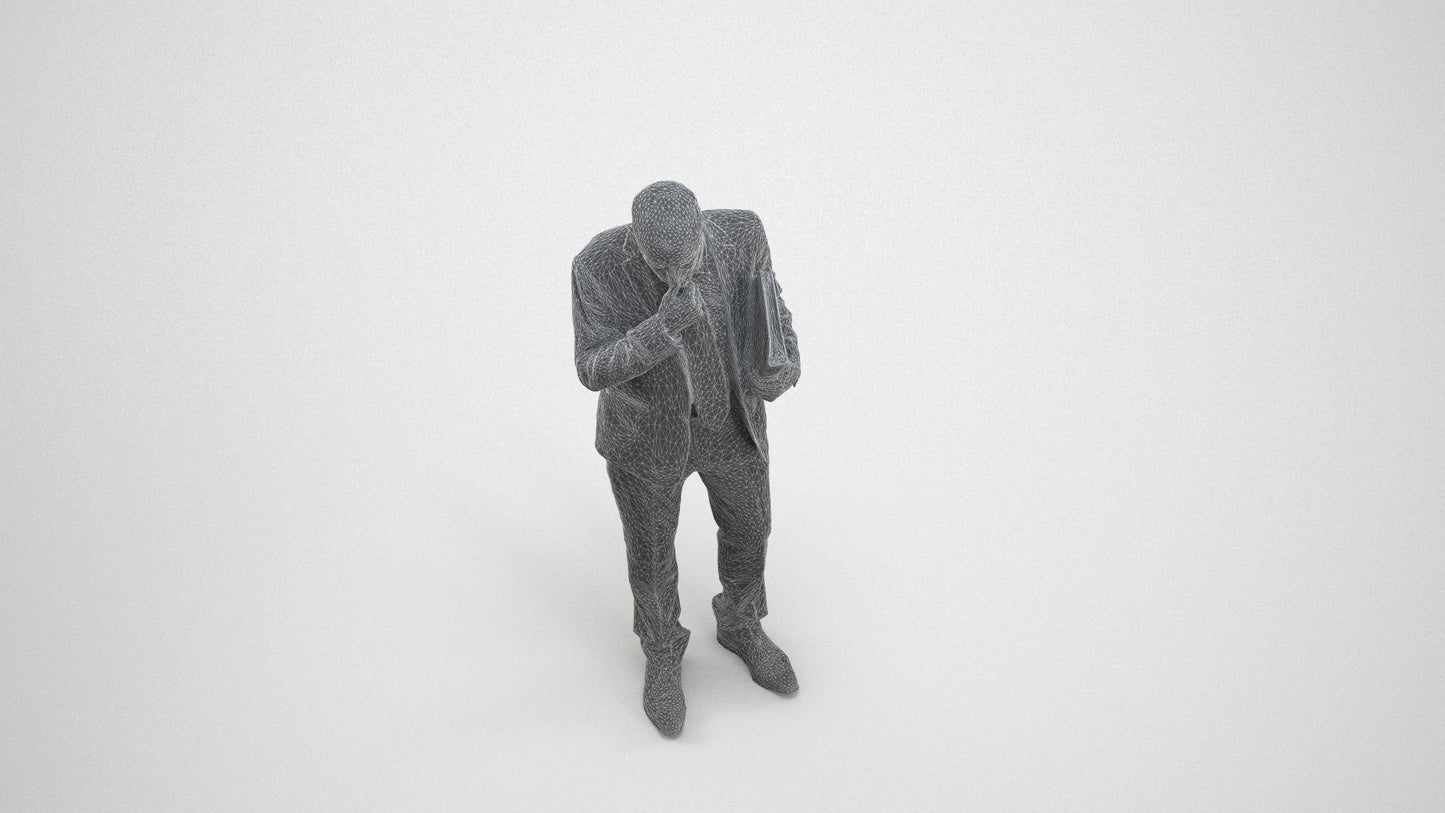 scanned 3D senior man business, photogrammetry people for Enscape and V-Ray, wireframe three-quarter view