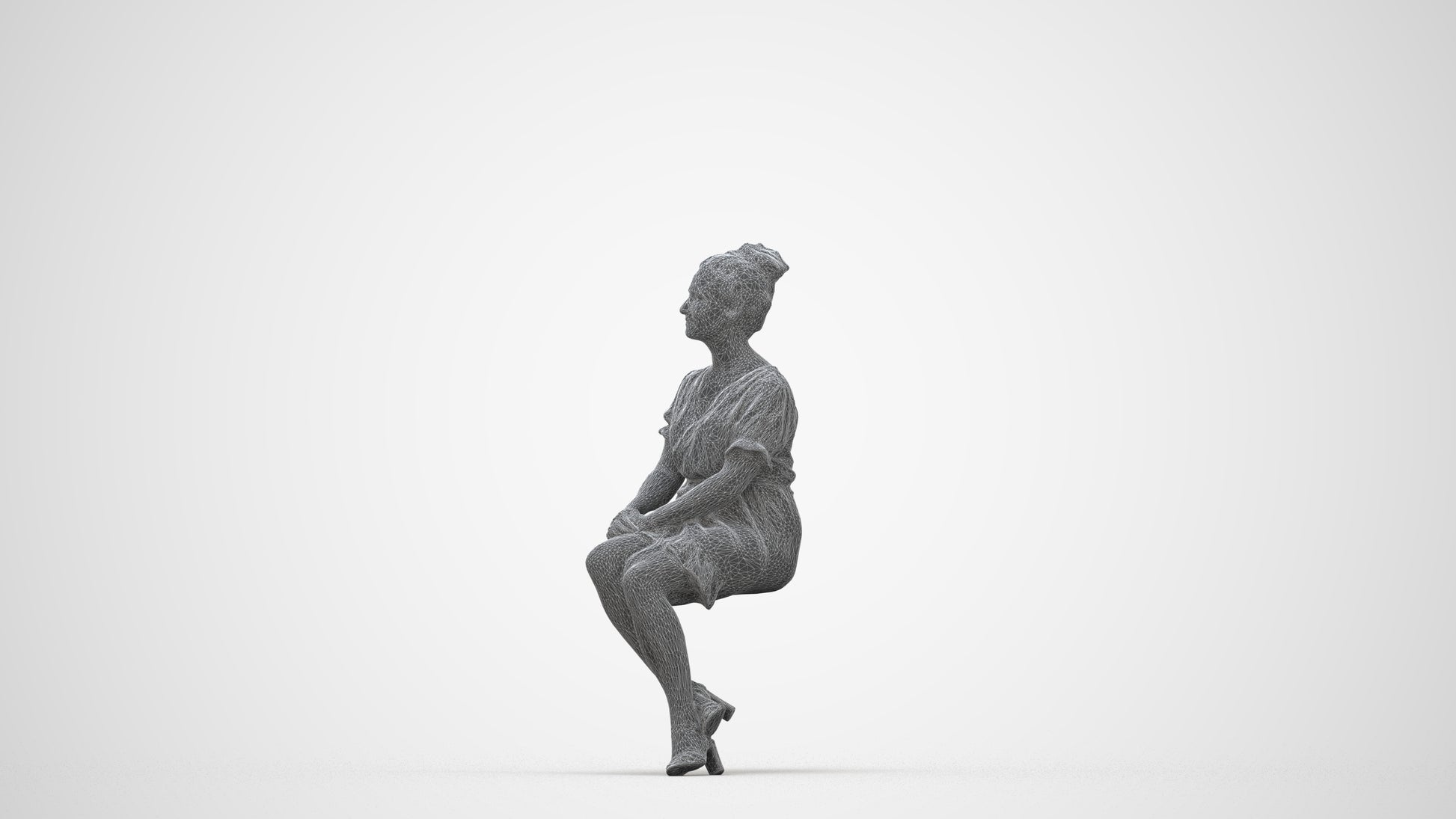 3D scanned woman sitting casual, photorealistic archviz people for Enscape and SketchUp, wireframe back view