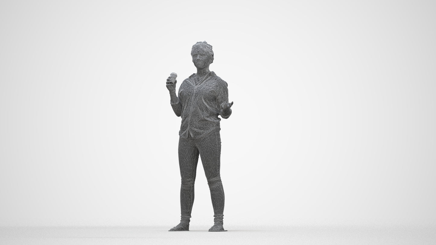 photogrammetry 3D woman casual standing, realistic human model archviz FBX, wireframe back view