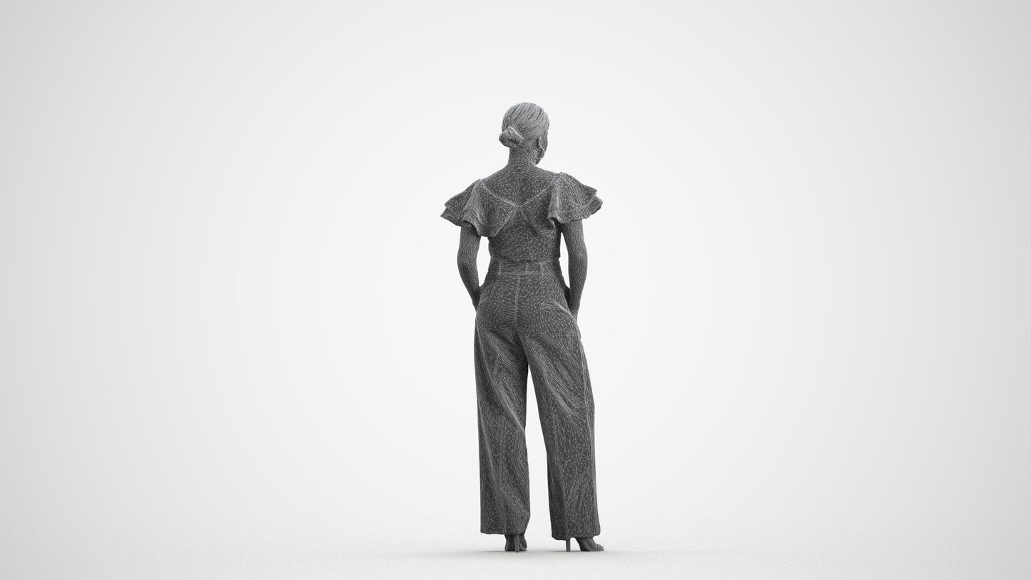 3D scanned woman standing business, photorealistic archviz people for Enscape and SketchUp, wireframe front view
