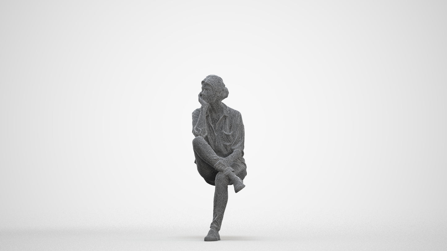 scanned 3D woman casual sitting, photogrammetry people for Enscape and V-Ray, three-quarter front view render