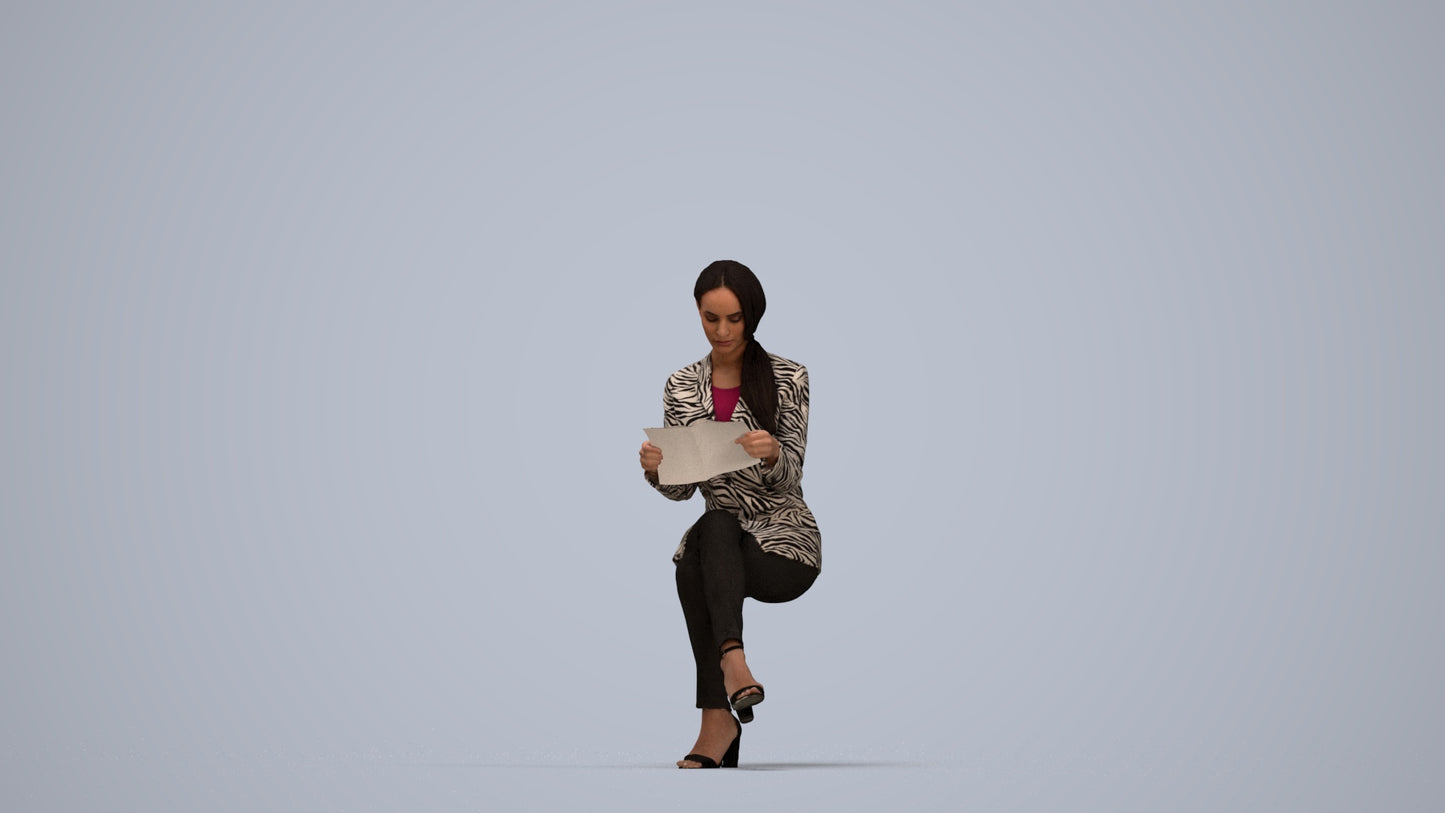 3D people model woman casual sitting, scanned human for 3ds Max rendering, top-down view render