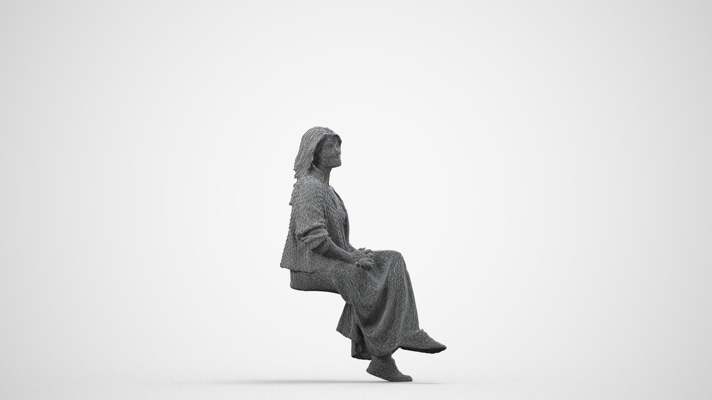 3D people model woman casual sitting, scanned human for 3ds Max rendering, wireframe side view