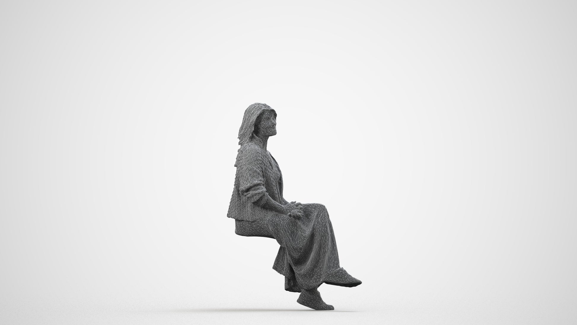 3D people model woman casual sitting, scanned human for 3ds Max rendering, wireframe side view