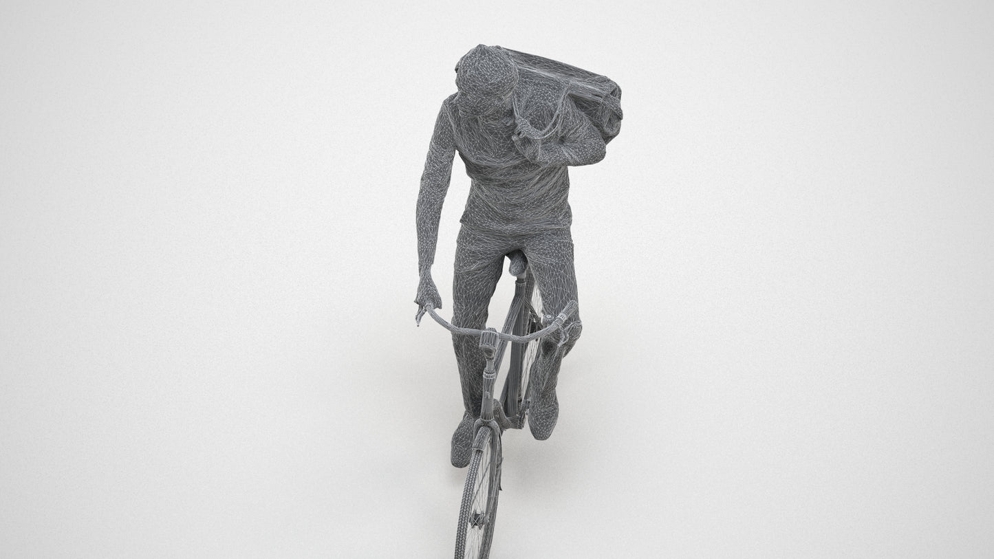 scanned 3D man casual cycling, photogrammetry people for Enscape and V-Ray, wireframe three-quarter view