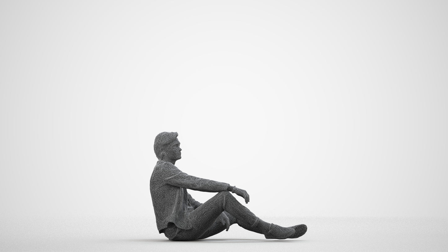 realistic 3D people man casual sitting, render-ready for V-Ray and Corona, FBX OBJ, wireframe side view