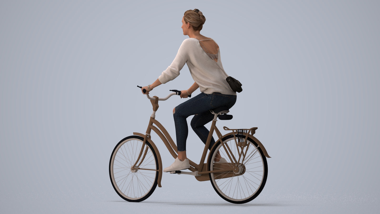 scanned 3D woman casual cycling, photogrammetry people for Enscape and V-Ray, three-quarter view render
