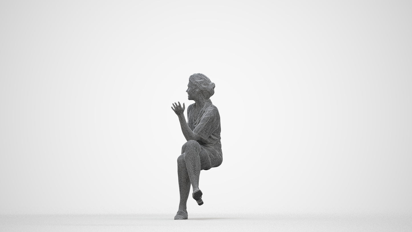 photogrammetry 3D woman casual sitting, realistic human model archviz FBX, wireframe back view
