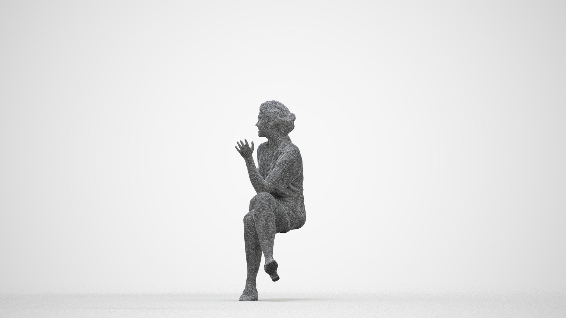 photogrammetry 3D woman casual sitting, realistic human model archviz FBX, wireframe back view