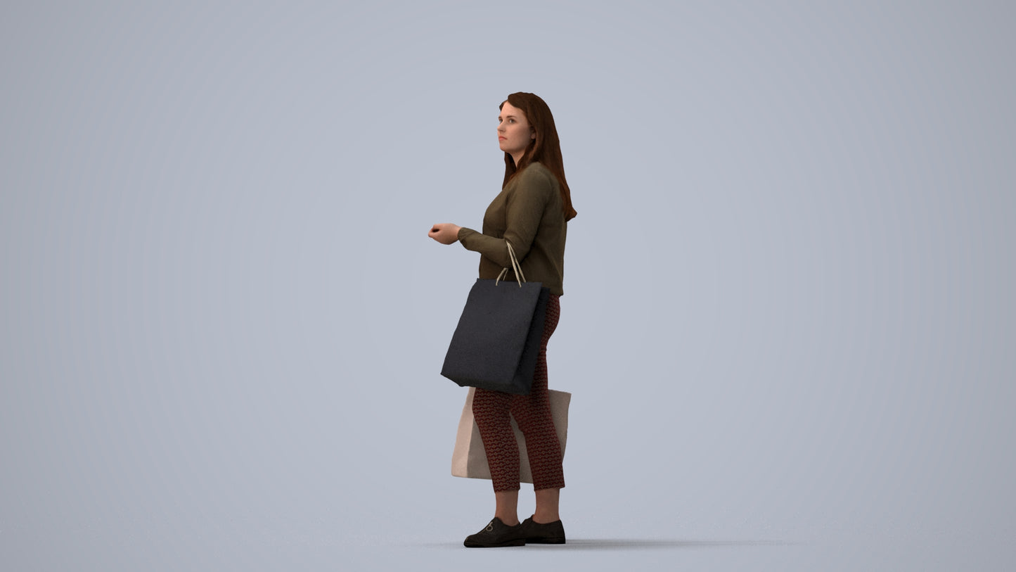 scanned 3D woman casual shopping, photogrammetry people for Enscape and V-Ray, three-quarter view render