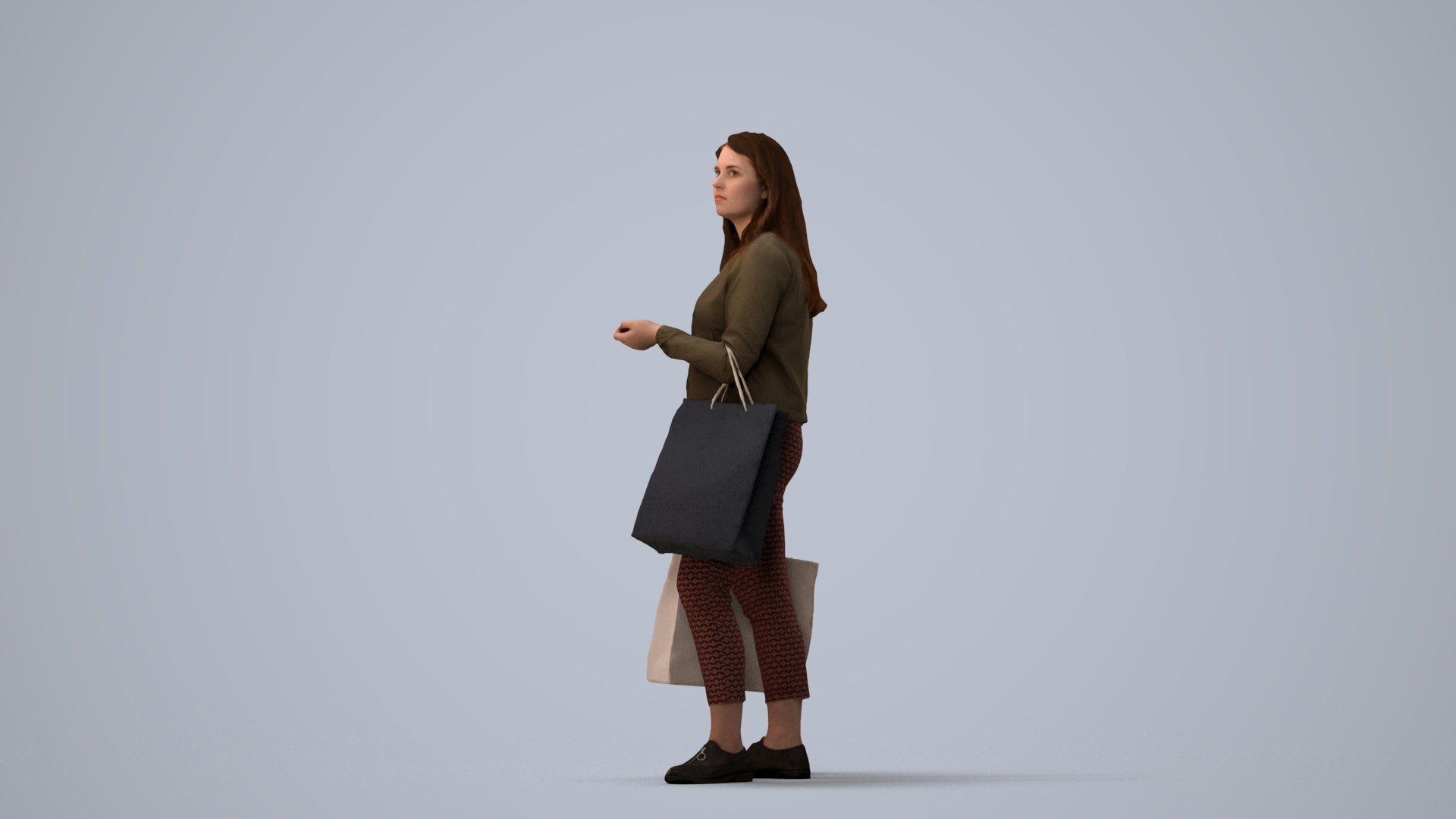 scanned 3D woman casual shopping, photogrammetry people for Enscape and V-Ray, three-quarter view render