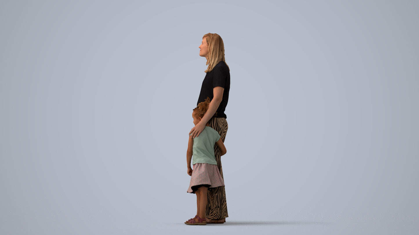 3D human model girl casual kids, photogrammetry scanned person for archviz, three-quarter view render