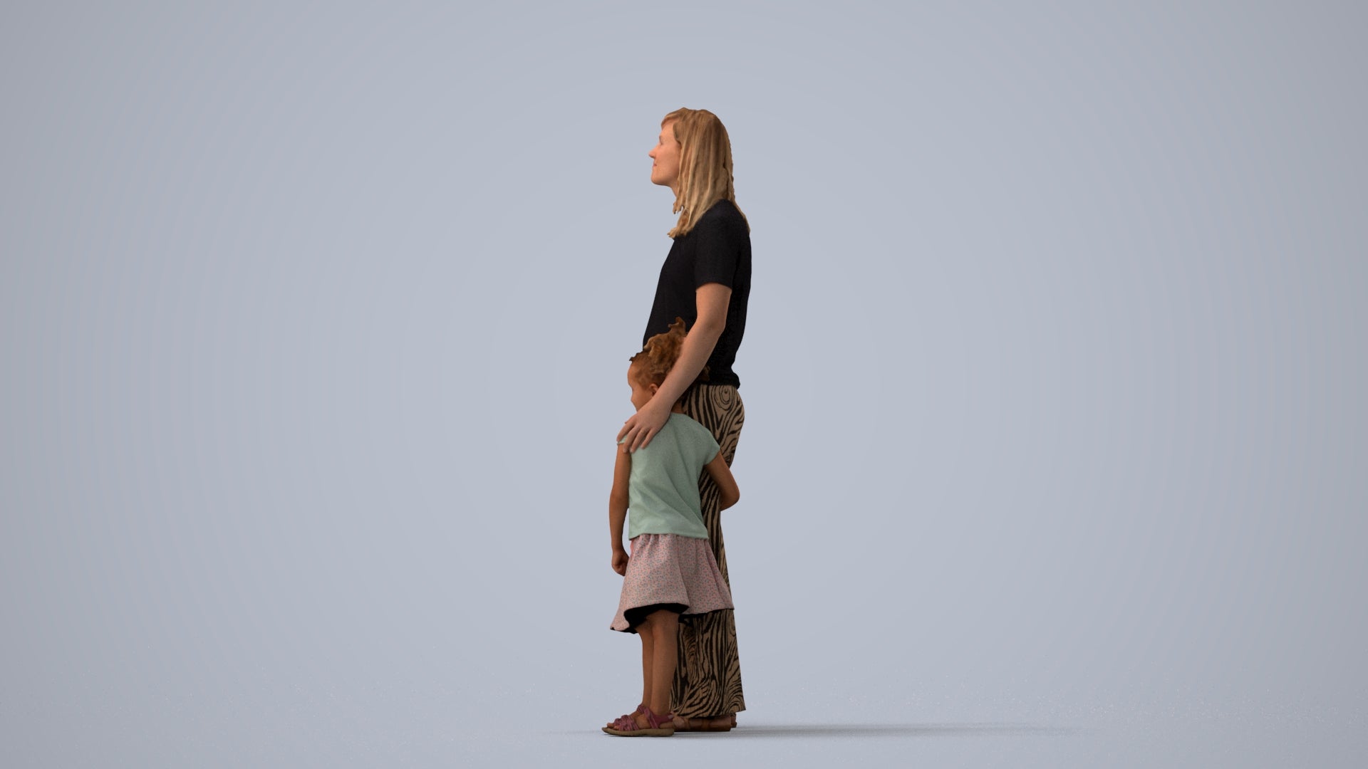 3D human model girl casual kids, photogrammetry scanned person for archviz, three-quarter view render