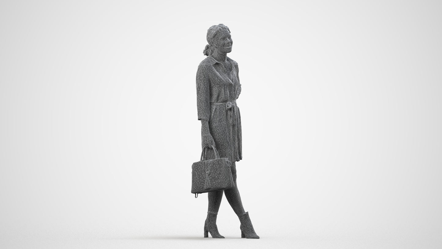 3D human model woman casual standing, photogrammetry scanned person for archviz, wireframe side view