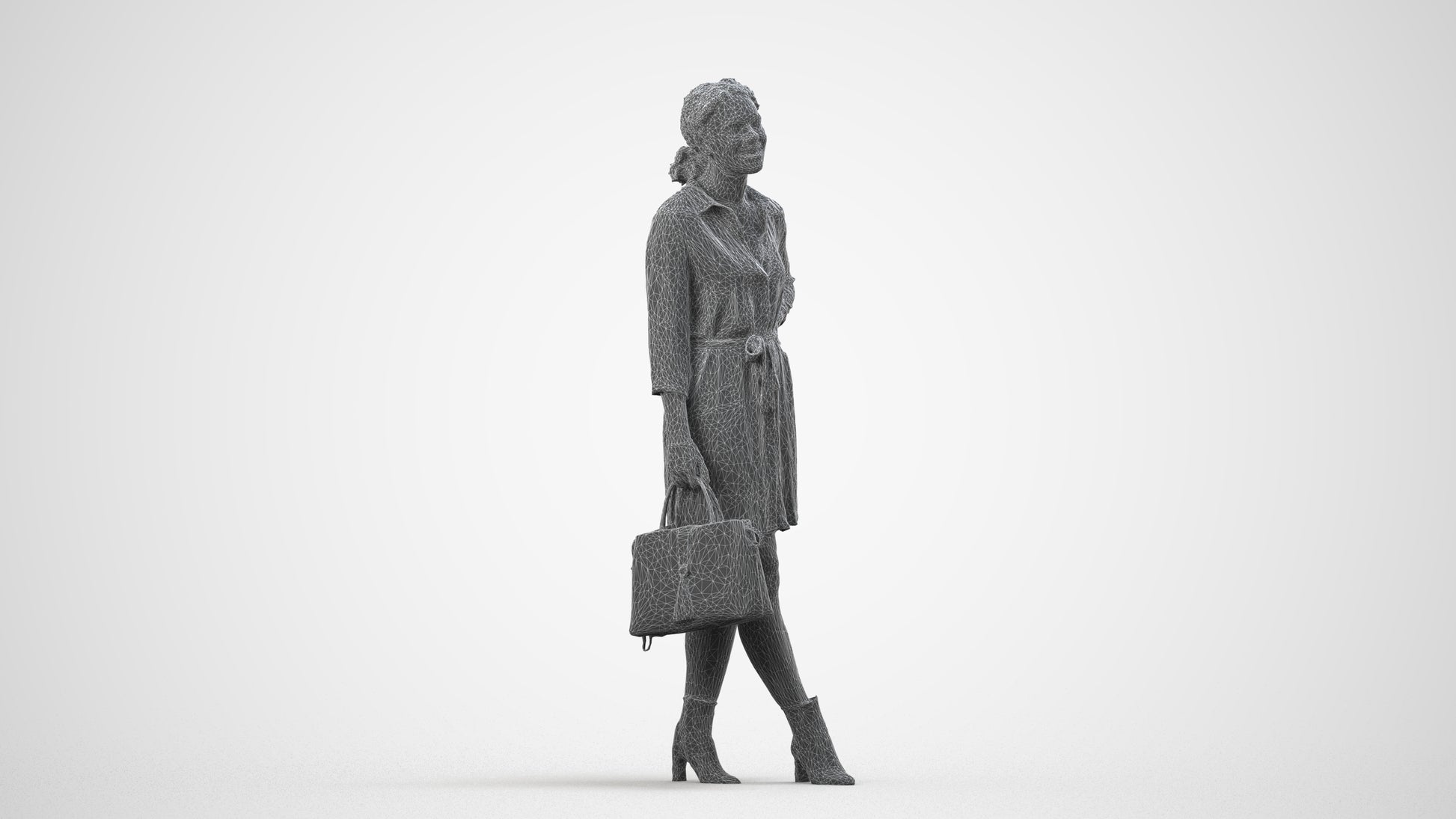 3D human model woman casual standing, photogrammetry scanned person for archviz, wireframe side view