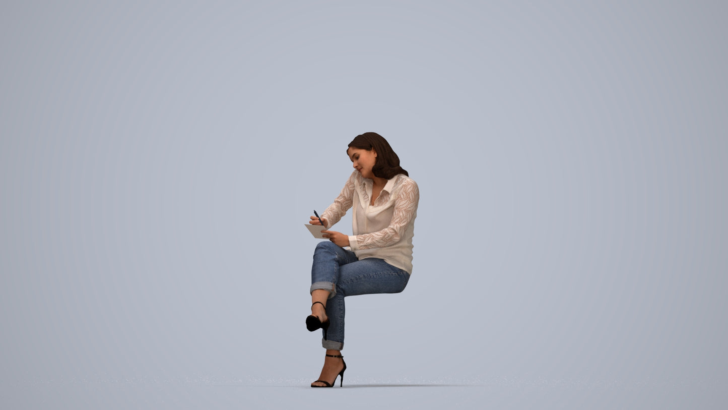 realistic 3D human woman casual sitting, archviz people FBX OBJ for Blender, top-down view render