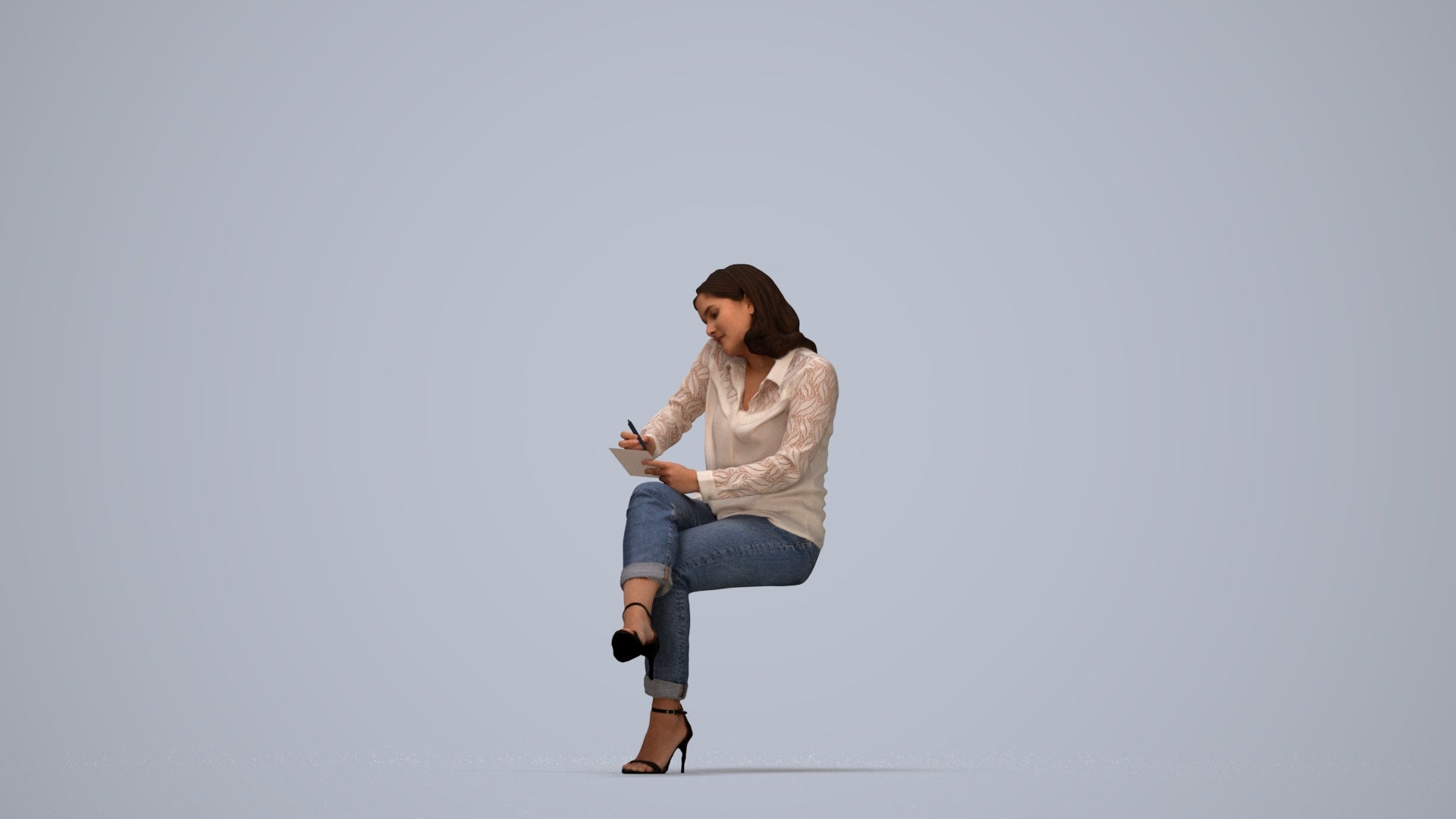 realistic 3D human woman casual sitting, archviz people FBX OBJ for Blender, top-down view render