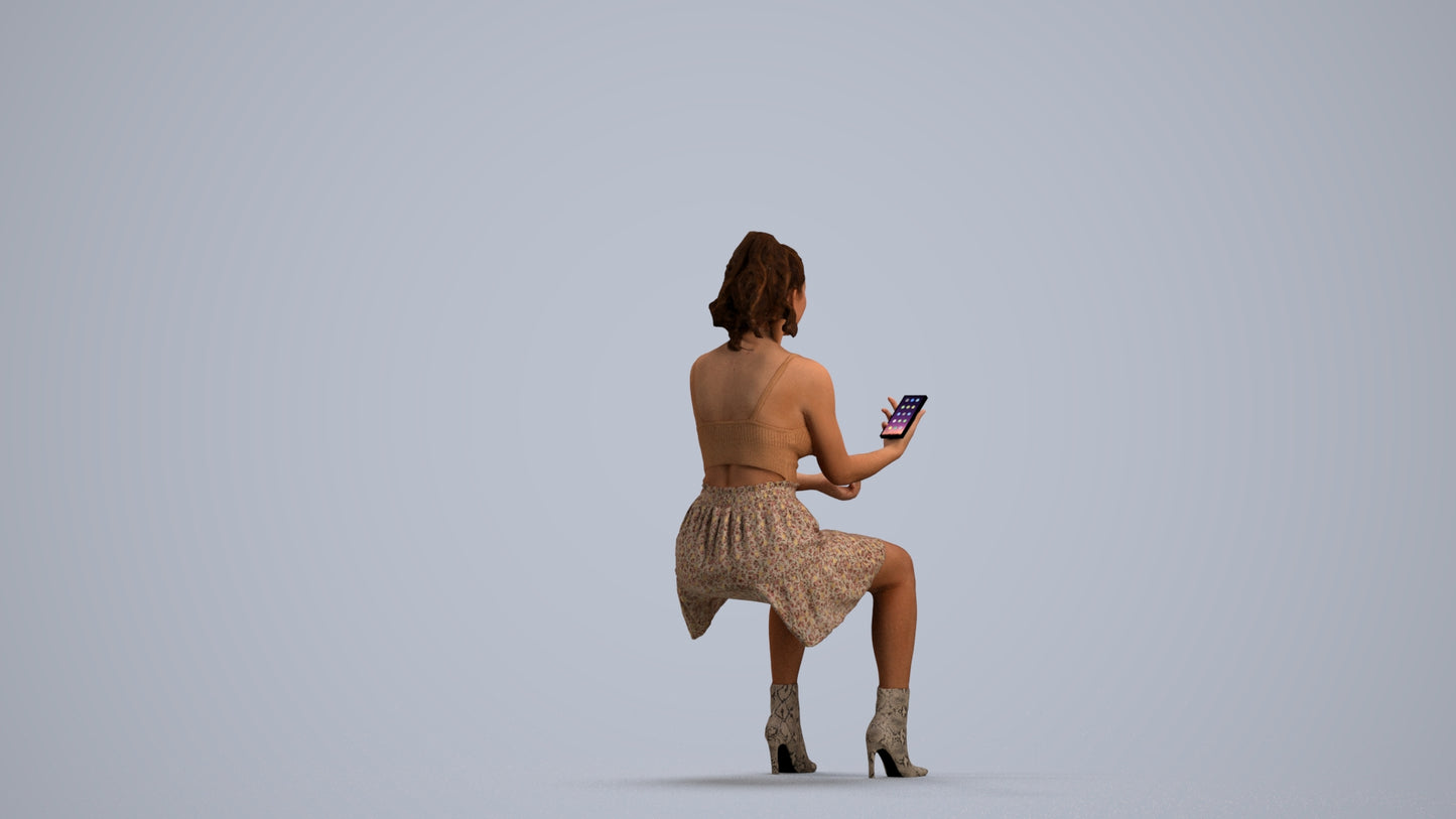 photogrammetry 3D woman casual sitting, realistic human model archviz FBX, front view render