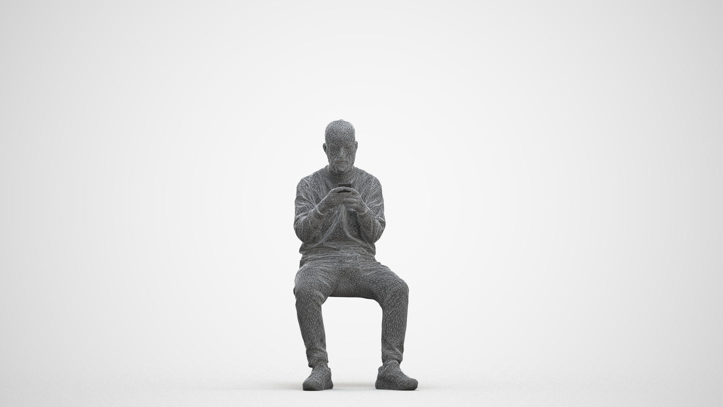 3D human model man casual sitting, photogrammetry scanned person for archviz, three-quarter front view render