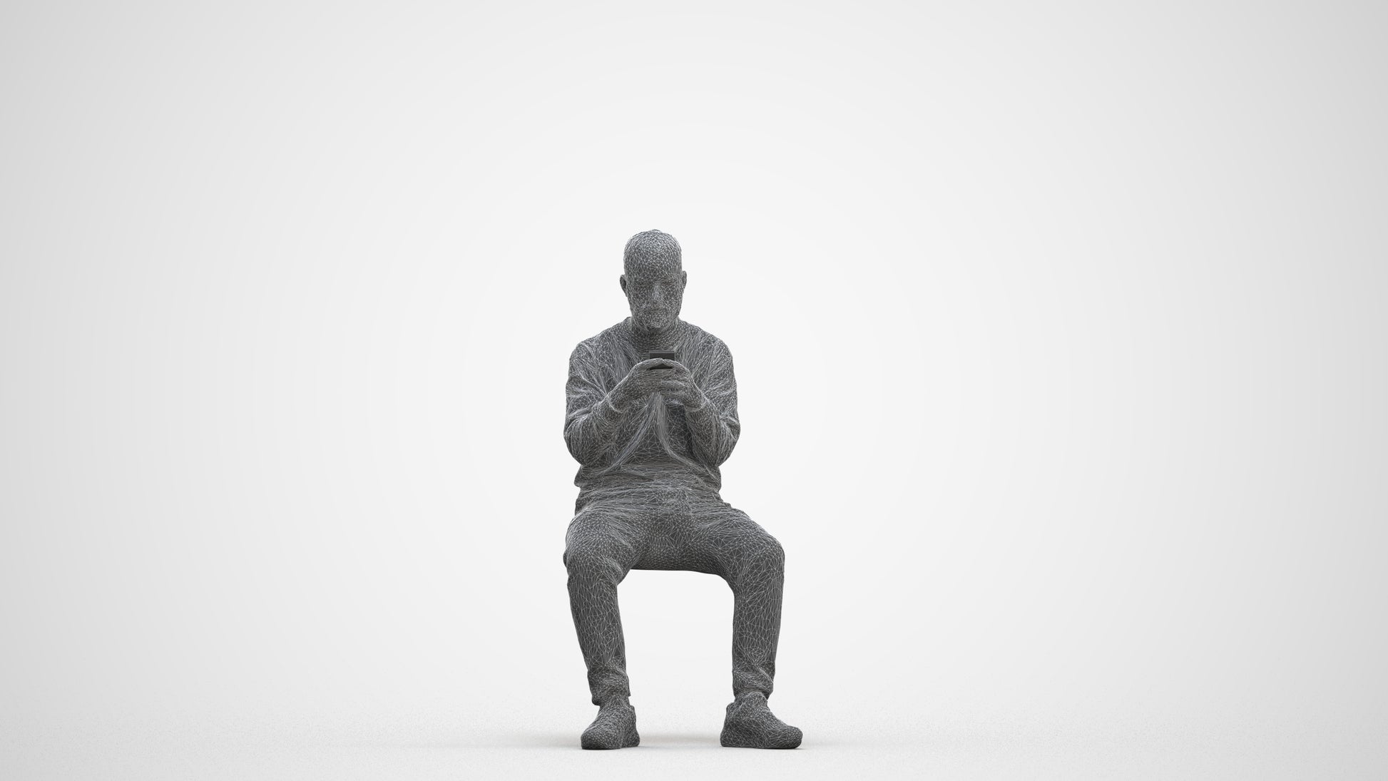 3D human model man casual sitting, photogrammetry scanned person for archviz, three-quarter front view render