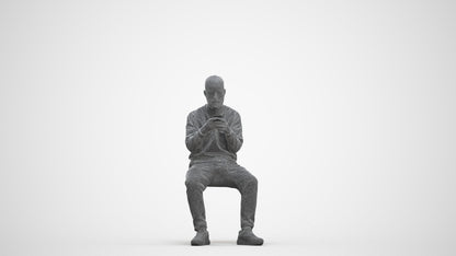 3D human model man casual sitting, photogrammetry scanned person for archviz, three-quarter front view render