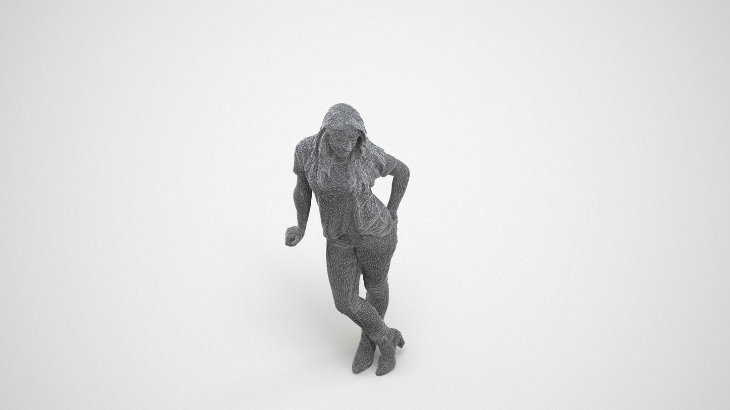 3D people model woman casual standing, scanned human for 3ds Max rendering, wireframe side view