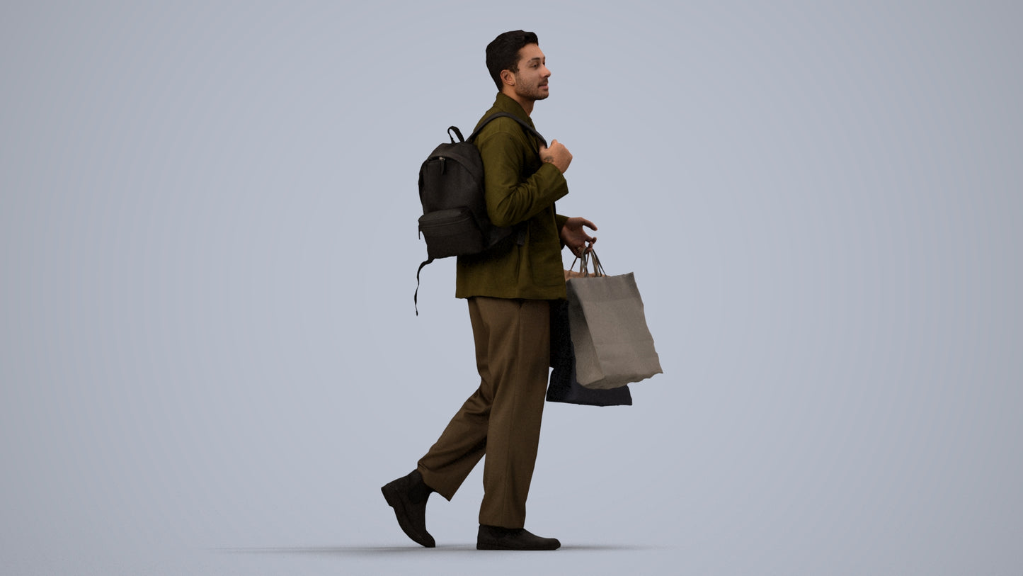 realistic 3D human man casual shopping, archviz people FBX OBJ for Blender, side view render