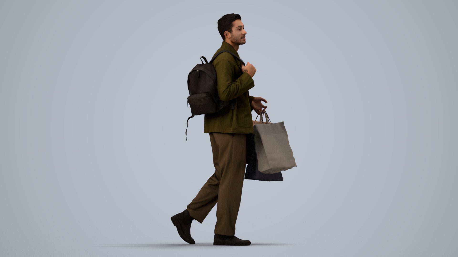 realistic 3D human man casual shopping, archviz people FBX OBJ for Blender, side view render