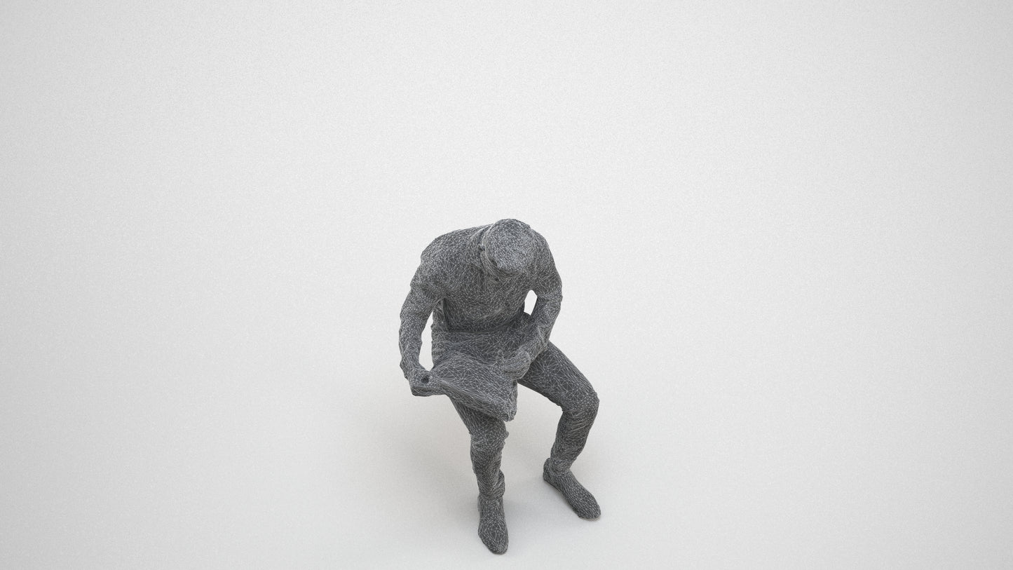 photogrammetry 3D man business sitting, realistic human model archviz FBX, wireframe three-quarter view