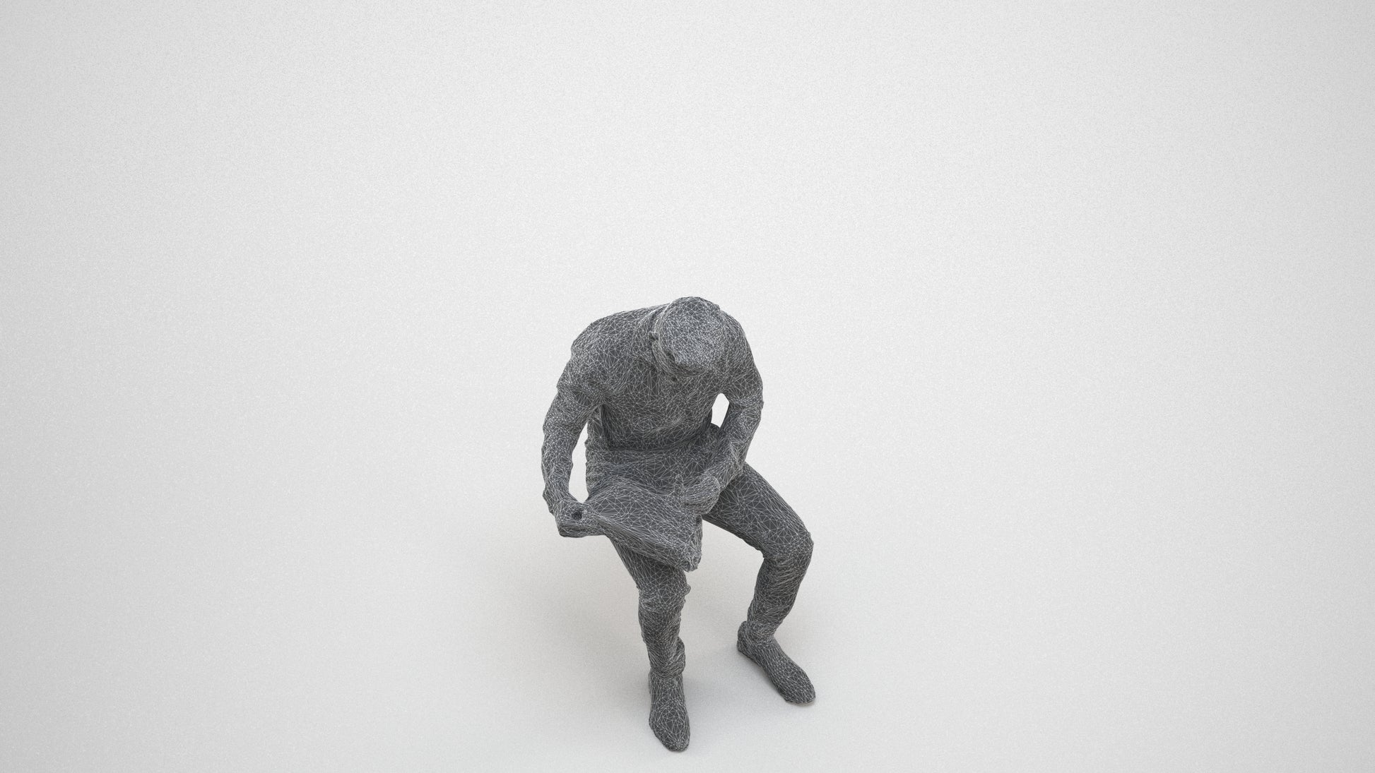 photogrammetry 3D man business sitting, realistic human model archviz FBX, wireframe three-quarter view