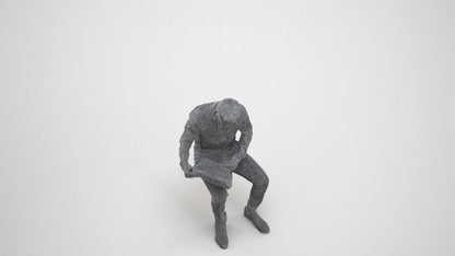 photogrammetry 3D man business sitting, realistic human model archviz FBX, wireframe three-quarter view