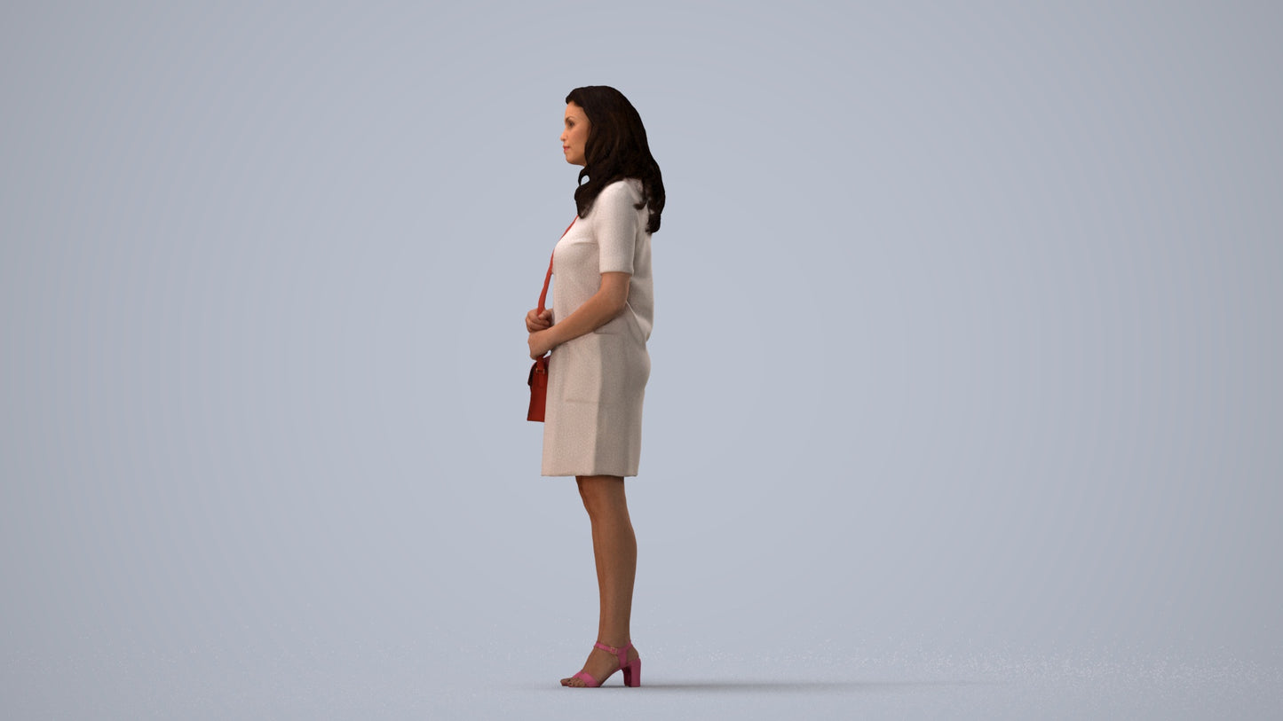 realistic 3D woman business standing, scanned archviz people for Blender and 3ds Max, three-quarter view render