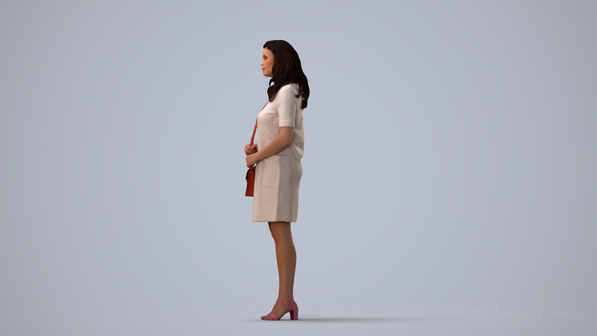 realistic 3D woman business standing, scanned archviz people for Blender and 3ds Max, three-quarter view render