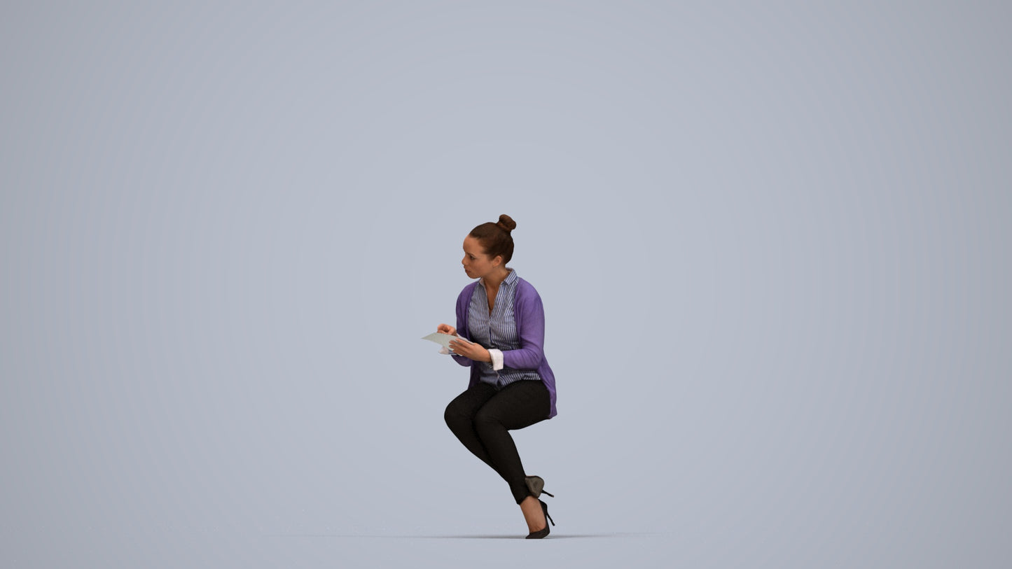 realistic 3D woman business sitting, scanned archviz people for Blender and 3ds Max, top-down view render