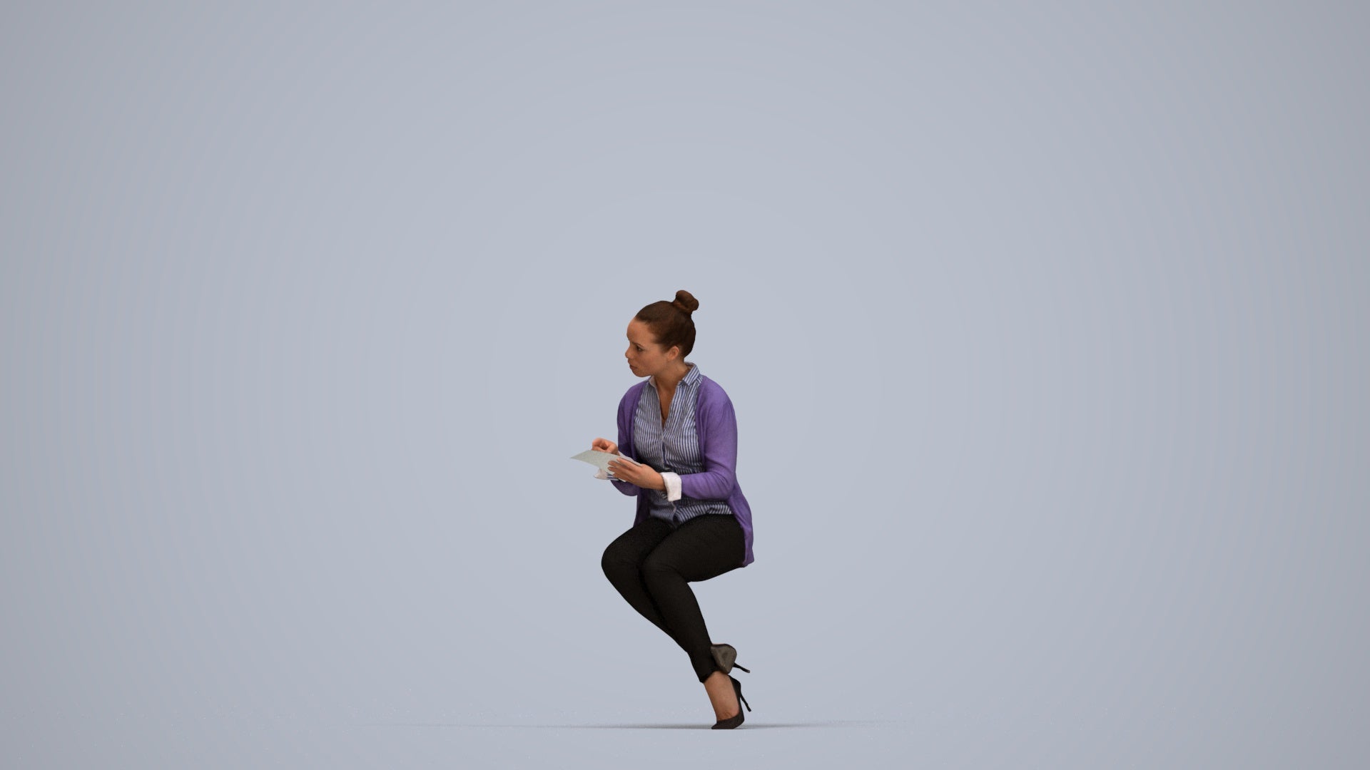 realistic 3D woman business sitting, scanned archviz people for Blender and 3ds Max, top-down view render
