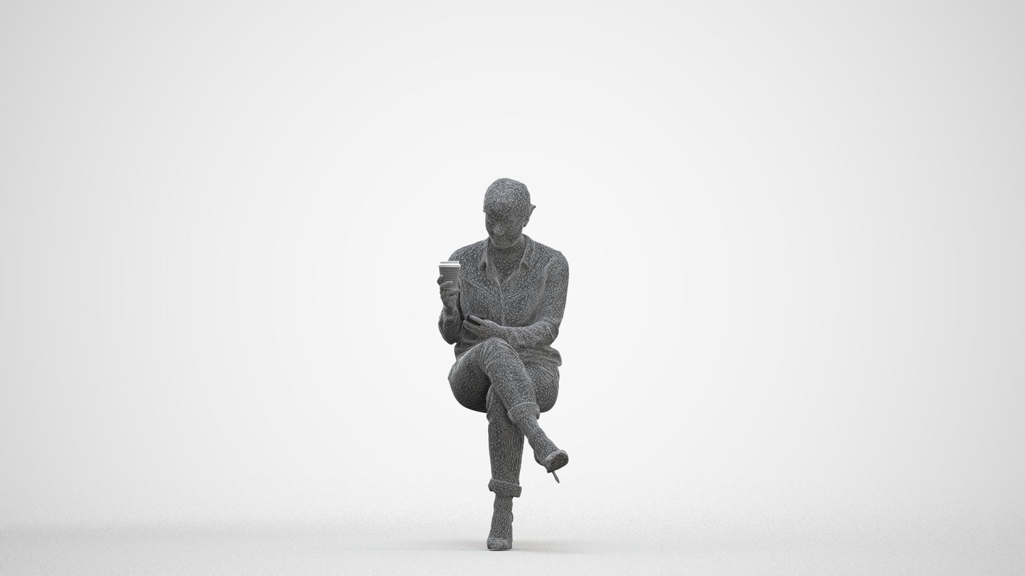 realistic 3D woman casual sitting, scanned archviz people for Blender and 3ds Max, three-quarter front view render